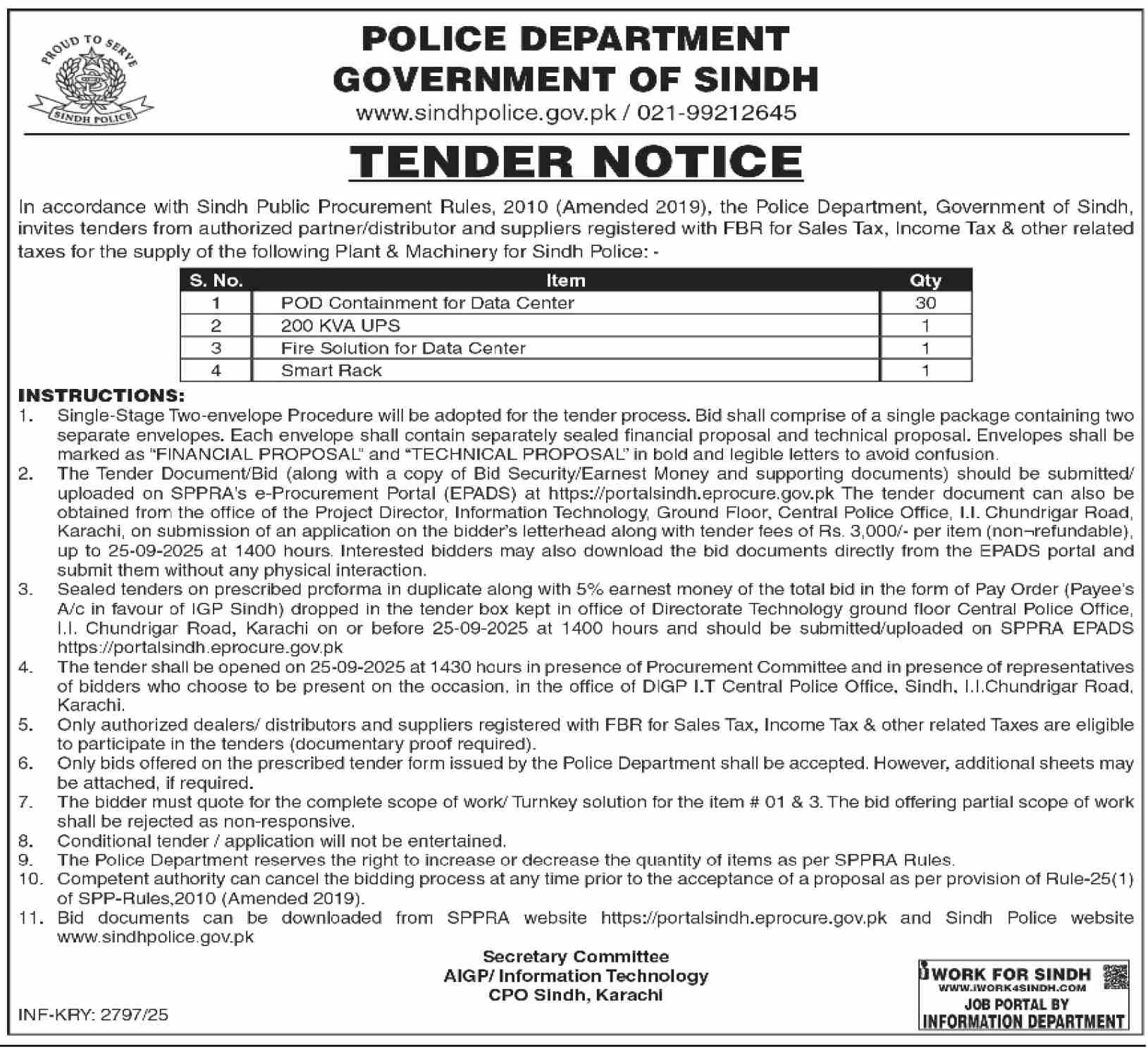 Police Department Karachi Tender Notice